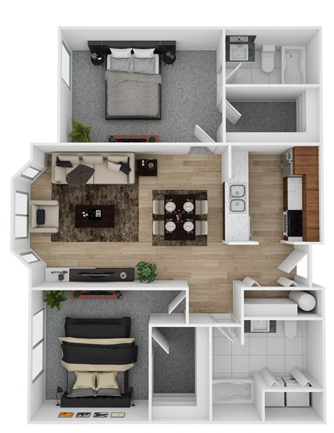Floor plan for 2 beds, 2 baths, 985 sqft